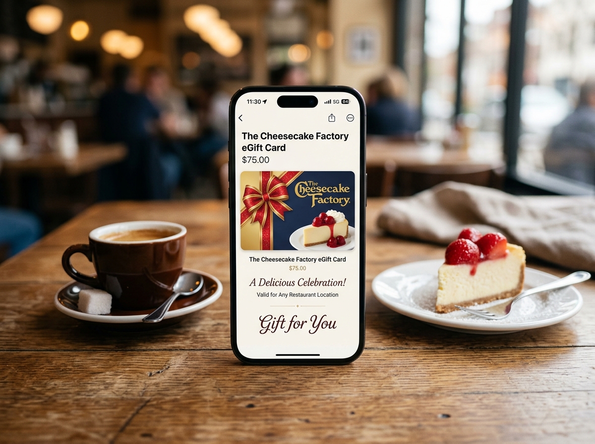 Cheesecake Factory Digital eGift Card displayed on smartphone at table