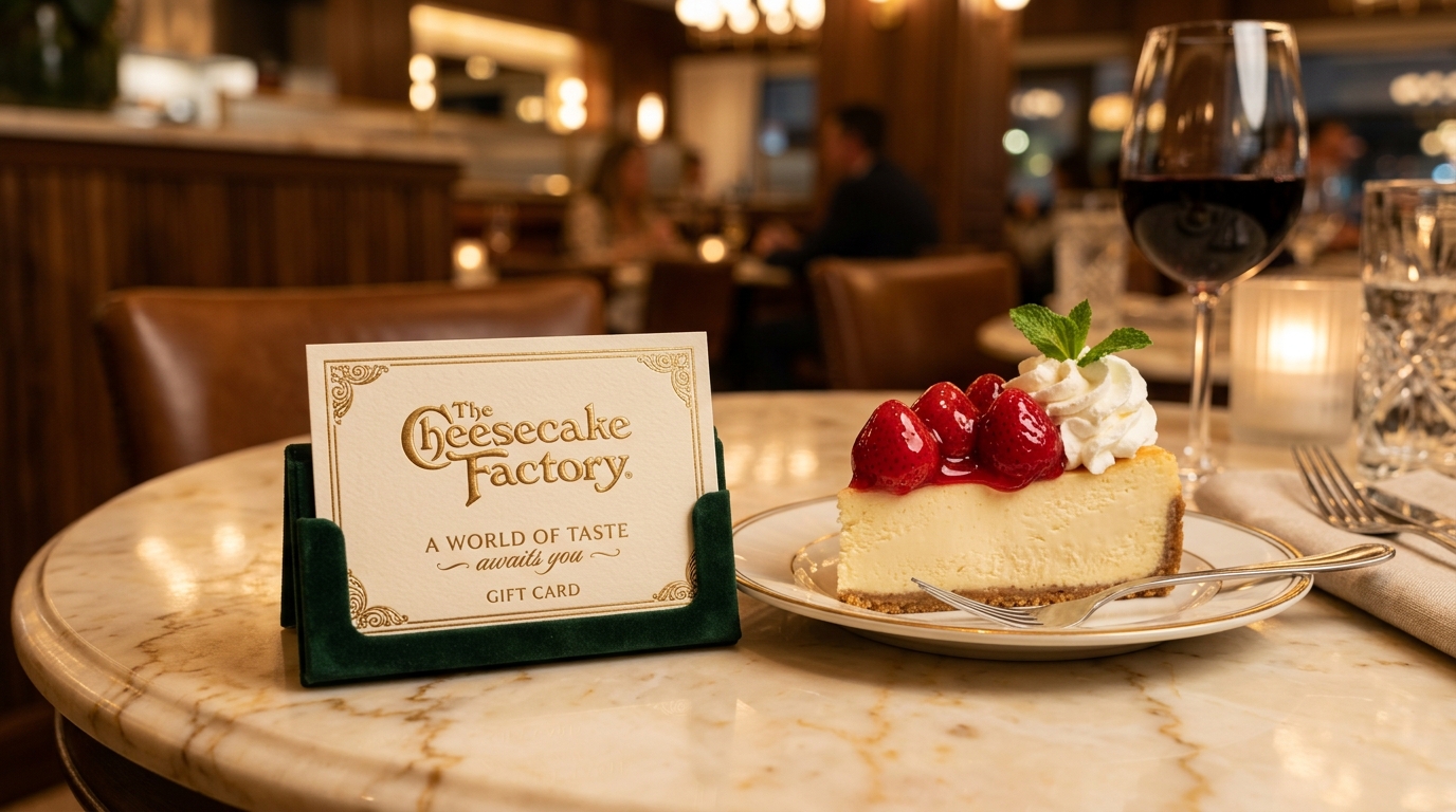 The Cheesecake Factory Gold Gift Card with Fresh Strawberry Cheesecake Slice
